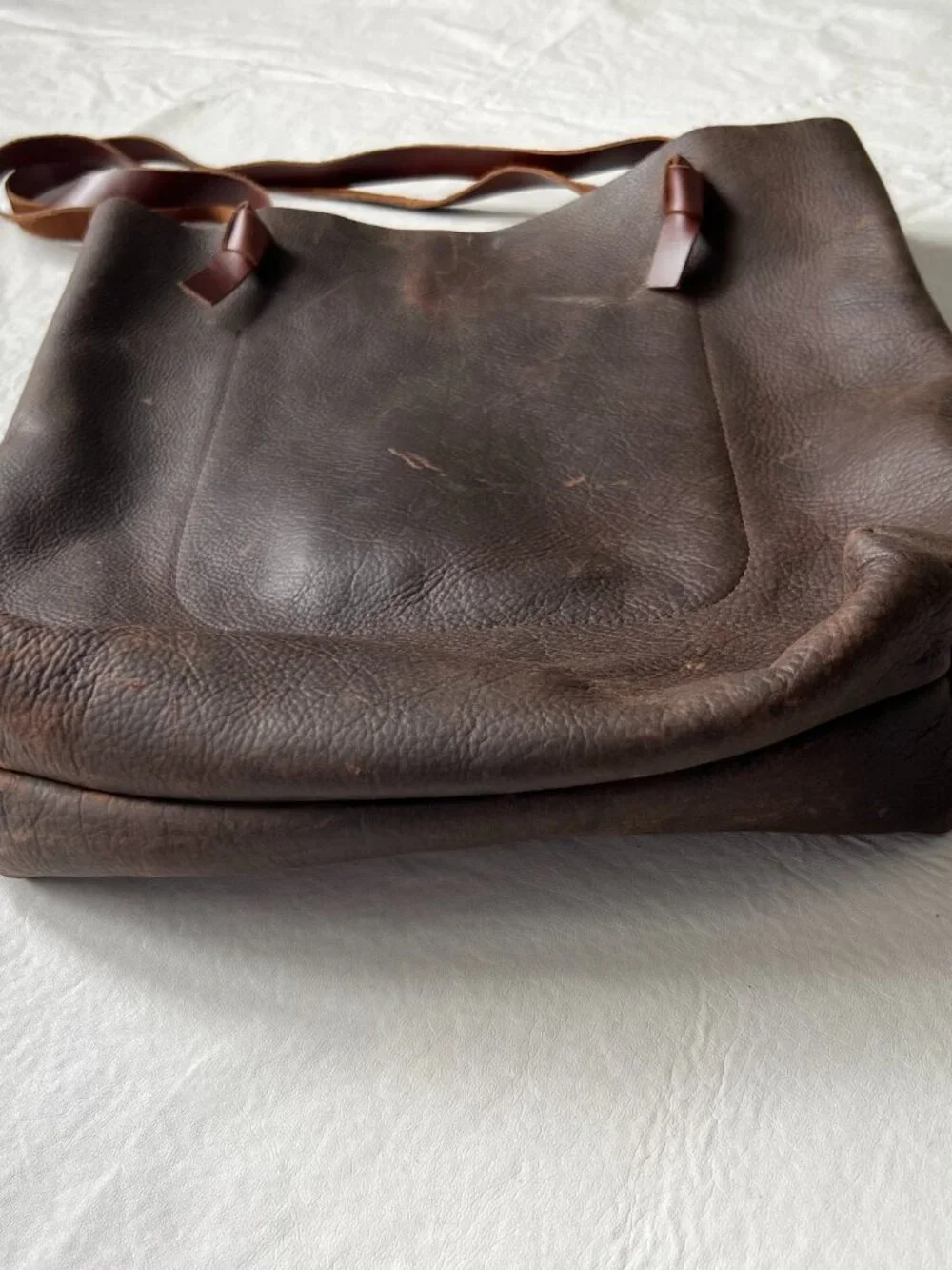 Milestone leather tote bag brown knot knotted top handles rectangular open